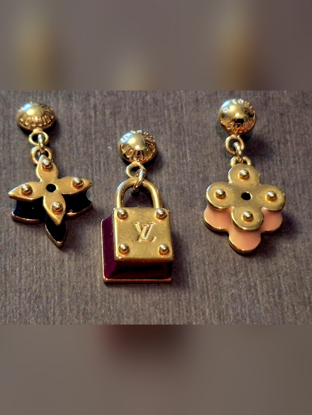 LOUIS VUITTON EARRING TRIO mix match Pink Navy Burgundy Made In France 2010 Auth
